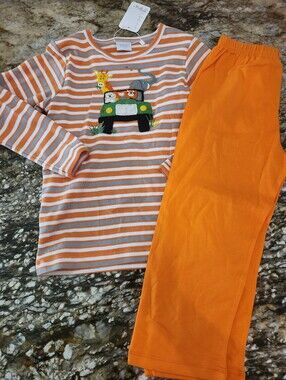 Orange Striped Kids Set with Safari Truck Embroidery